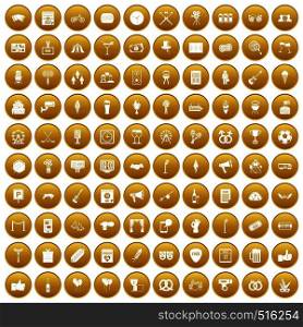 100 events icons set in gold circle isolated on white vector illustration. 100 events icons set gold