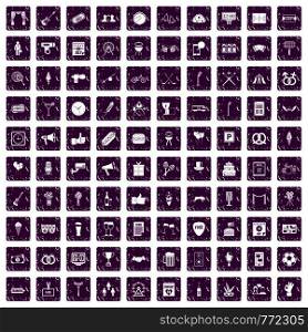 100 events icons set in grunge style purple color isolated on white background vector illustration. 100 events icons set grunge purple