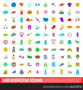 100 exercise icons set in cartoon style for any design vector illustration. 100 exercise icons set, cartoon style