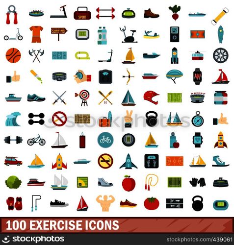 100 exercise icons set in flat style for any design vector illustration. 100 exercise icons set, flat style