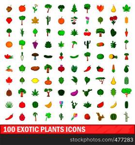 100 exotic plants icons set in cartoon style for any design illustration. 100 exotic plants icons set, cartoon style