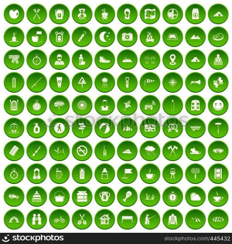 100 family camping icons set green circle isolated on white background vector illustration. 100 family camping icons set green circle