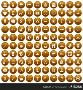 100 family camping icons set in gold circle isolated on white vector illustration. 100 family camping icons set gold
