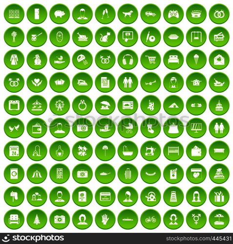 100 family icons set green circle isolated on white background vector illustration. 100 family icons set green circle