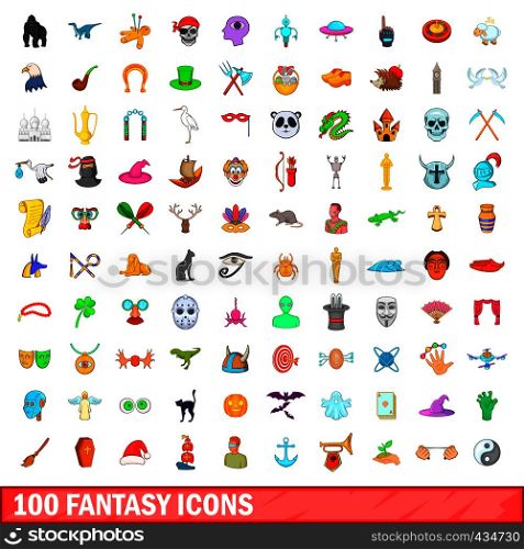 100 fantasy icons set in cartoon style for any design vector illustration. 100 fantasy icons set, cartoon style