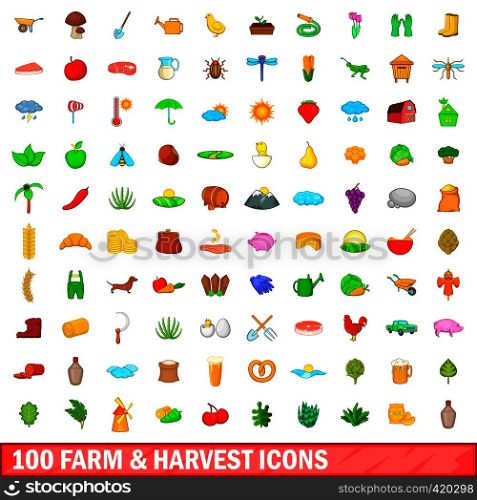 100 farm and harvest icons set in cartoon style for any design vector illustration. 100 farm and harvest icons set, cartoon style