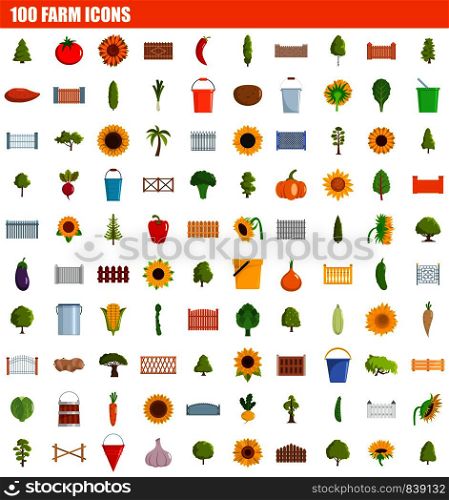 100 farm icon set. Flat set of 100 farm vector icons for web design. 100 farm icon set, flat style