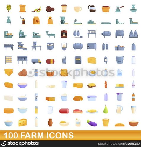 100 farm icons set. Cartoon illustration of 100 farm icons vector set isolated on white background. 100 farm icons set, cartoon style