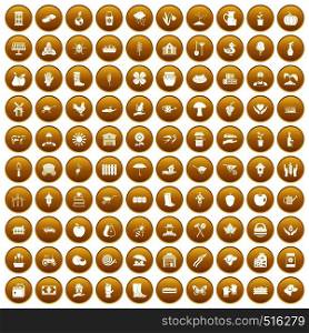 100 farm icons set in gold circle isolated on white vector illustration. 100 farm icons set gold