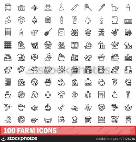 100 farm icons set. Outline illustration of 100 farm icons vector set isolated on white background. 100 farm icons set, outline style