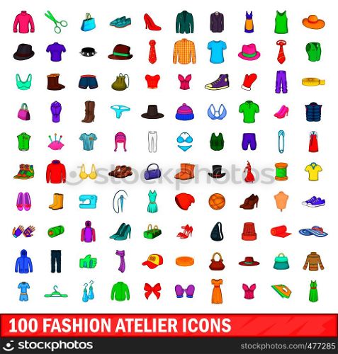 100 fashion atelier icons set in cartoon style for any design illustration. 100 fashion atelier icons set, cartoon style