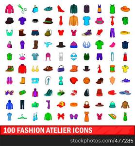 100 fashion atelier icons set in cartoon style for any design illustration. 100 fashion atelier icons set, cartoon style