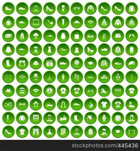 100 fashion icons set green circle isolated on white background vector illustration. 100 fashion icons set green circle