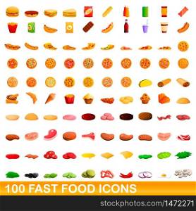 100 fast food icons set. Cartoon illustration of 100 fast food icons vector set isolated on white background. 100 fast food icons set, cartoon style