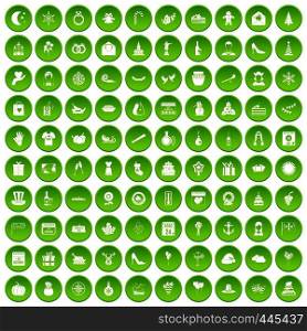 100 festive day icons set green circle isolated on white background vector illustration. 100 festive day icons set green circle