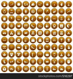 100 festive day icons set in gold circle isolated on white vector illustration. 100 festive day icons set gold