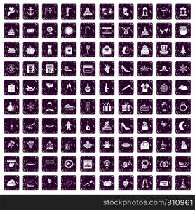 100 festive day icons set in grunge style purple color isolated on white background vector illustration. 100 festive day icons set grunge purple