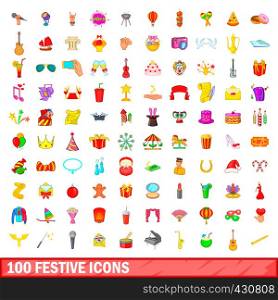 100 festive icons set in cartoon style for any design vector illustration. 100 festive icons set, cartoon style