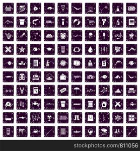 100 fish icons set in grunge style purple color isolated on white background vector illustration. 100 fish icons set grunge purple