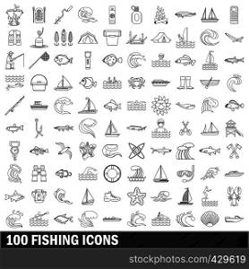 100 fishing set in outline style for any design vector illustration. 100 fishing icons set, outline style