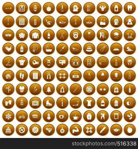 100 fit body icons set in gold circle isolated on white vector illustration. 100 fit body icons set gold