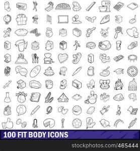 100 fit body icons set in outline style for any design vector illustration. 100 fit body icons set, outline style