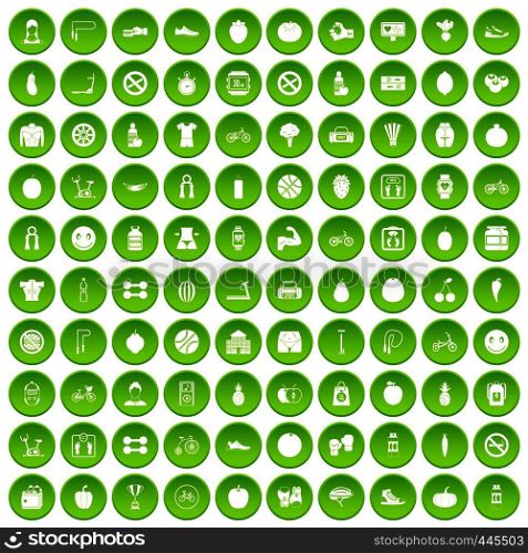 100 fitness icons set green circle isolated on white background vector illustration. 100 fitness icons set green circle