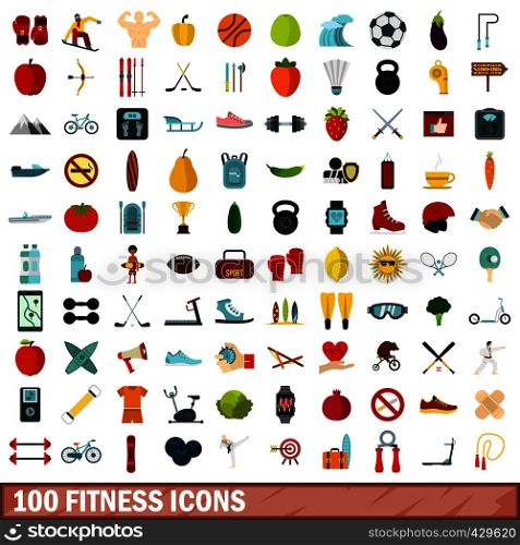 100 fitness icons set in flat style for any design vector illustration. 100 fitness icons set, flat style