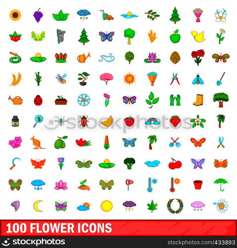 100 flower icons set in cartoon style for any design vector illustration. 100 flower icons set, cartoon style