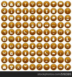 100 flowers icons set in gold circle isolated on white vector illustration. 100 flowers icons set gold