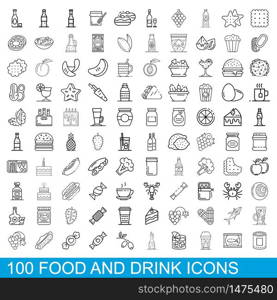 100 food and drink icons set. Outline illustration of 100 food and drink icons vector set isolated on white background. 100 food and drink icons set, outline style