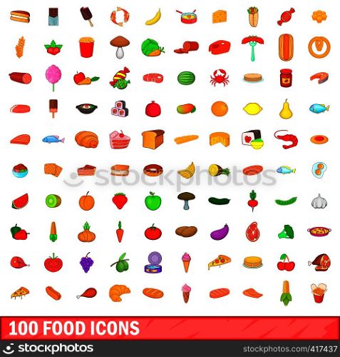 100 food icons set in cartoon style for any design vector illustration. 100 food icons set, cartoon style