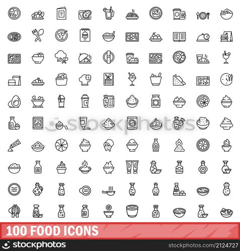 100 food icons set. Outline illustration of 100 food icons vector set isolated on white background. 100 food icons set, outline style