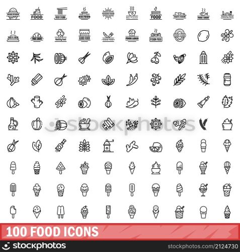 100 food icons set. Outline illustration of 100 food icons vector set isolated on white background. 100 food icons set, outline style