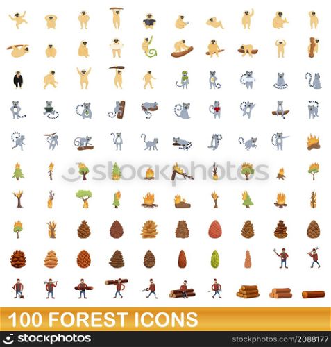100 forest icons set. Cartoon illustration of 100 forest icons vector set isolated on white background. 100 forest icons set, cartoon style