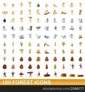 100 forest icons set. Cartoon illustration of 100 forest icons vector set isolated on white background. 100 forest icons set, cartoon style