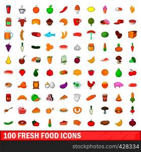 100 fresh food icons set in cartoon style for any design vector illustration. 100 fresh food icons set, cartoon style