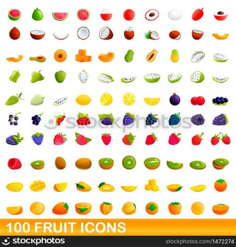 100 fruit icons set. Cartoon illustration of 100 fruit icons vector set isolated on white background. 100 fruit icons set, cartoon style
