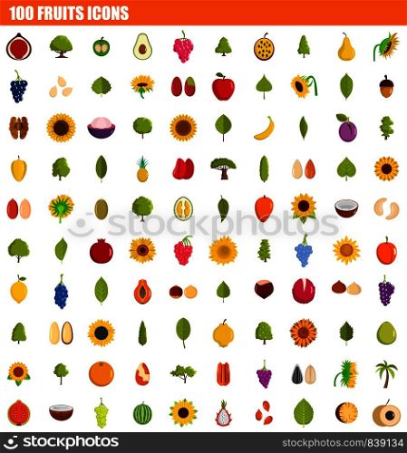 100 fruits icon set. Flat set of 100 fruits vector icons for web design. 100 fruits icon set, flat style