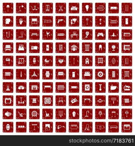 100 furnishing icons set in grunge style red color isolated on white background vector illustration. 100 furnishing icons set grunge red