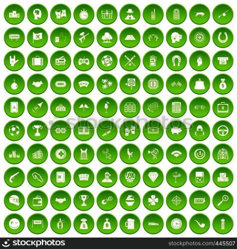 100 gambling icons set green circle isolated on white background vector illustration. 100 gambling icons set green circle