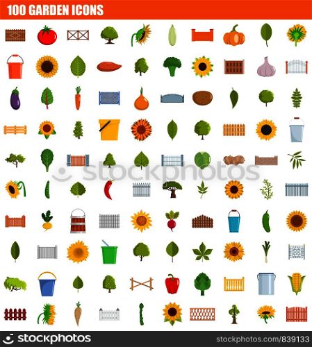100 garden icon set. Flat set of 100 garden vector icons for web design. 100 garden icon set, flat style