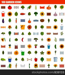 100 garden icon set. Flat set of 100 garden vector icons for web design. 100 garden icon set, flat style
