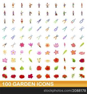 100 garden icons set. Cartoon illustration of 100 garden icons vector set isolated on white background. 100 garden icons set, cartoon style