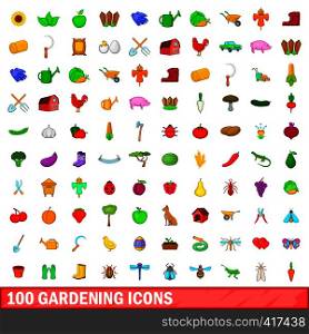 100 gardening icons set in cartoon style for any design vector illustration. 100 gardening icons set, cartoon style