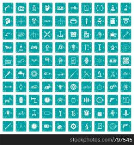 100 gear icons set in grunge style blue color isolated on white background vector illustration. 100 gear icons set grunge blue