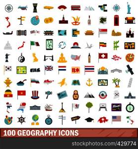 100 geography icons set in flat style for any design vector illustration. 100 geography icons set, flat style