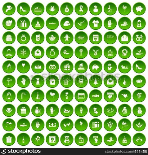 100 gift icons set green circle isolated on white background vector illustration. 100 gift icons set green circle