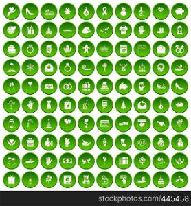 100 gift icons set green circle isolated on white background vector illustration. 100 gift icons set green circle