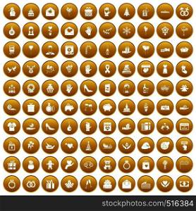 100 gift icons set in gold circle isolated on white vector illustration. 100 gift icons set gold